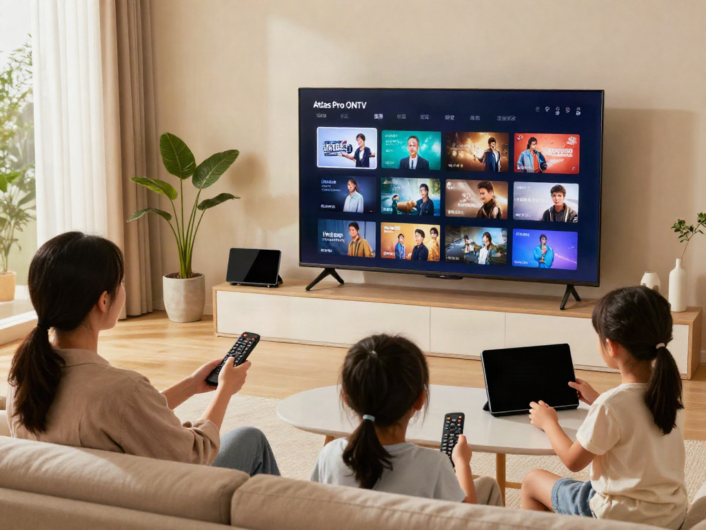 Une famille utilisant l'application Atlas Pro sur Smart TV dans un salon moderne
