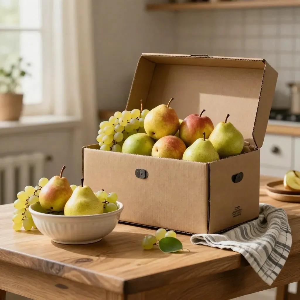 Coffret de fruits ouvert avec pommes, poires, bananes et raisins sur un comptoir de cuisine.