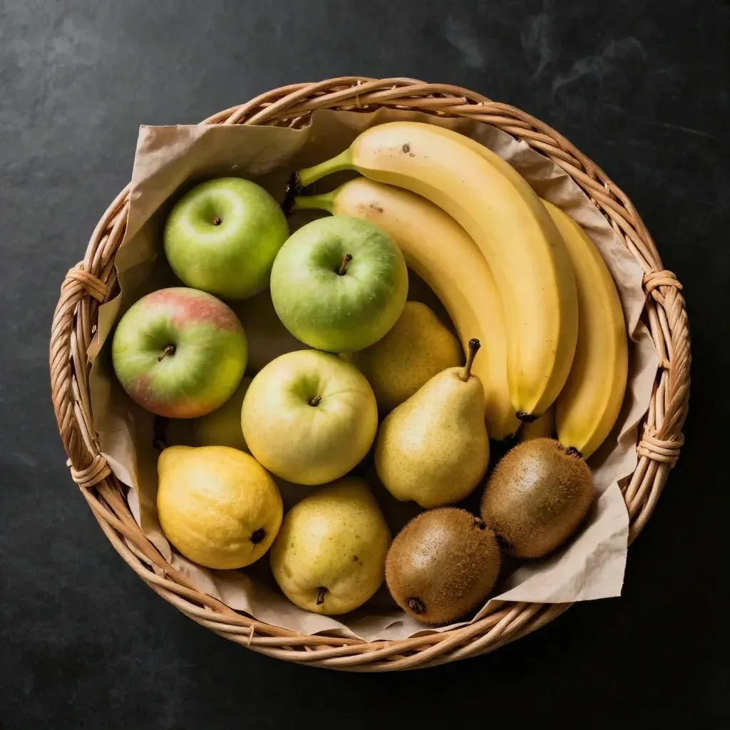 Panier familial en osier avec pommes, bananes, poires et kiwis sur fond noir dramatique.