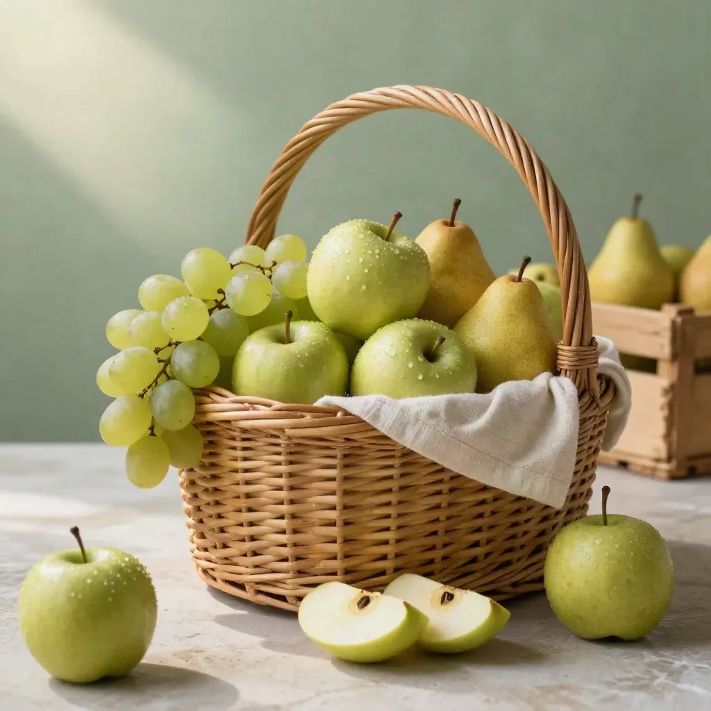 Grande corbeille de fruits en osier avec pommes, poires et raisins sur lin crème, lumière de l’aube.