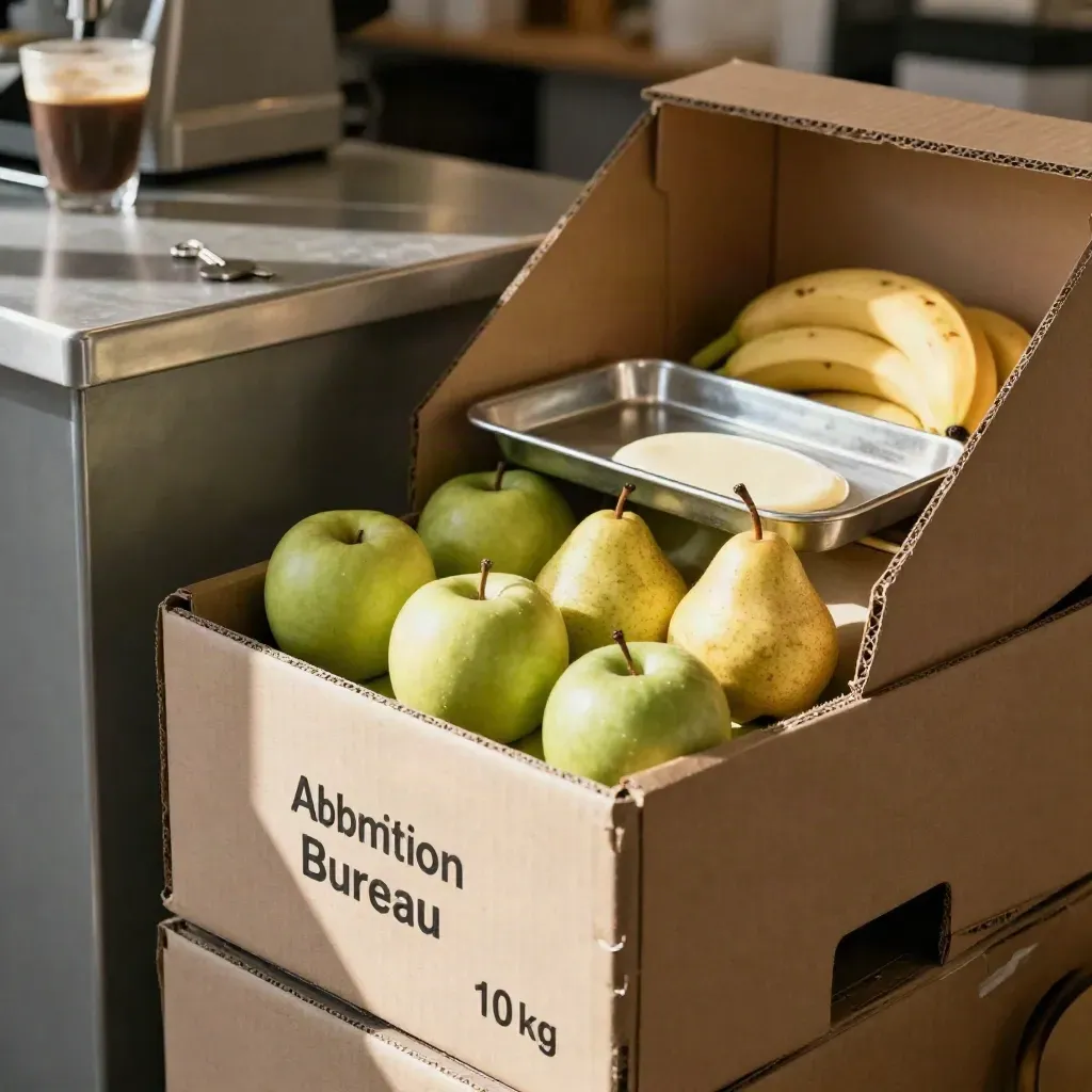 Pile de caisses de fruits ouvertes près d’un coin café, avec pommes, poires et bananes.