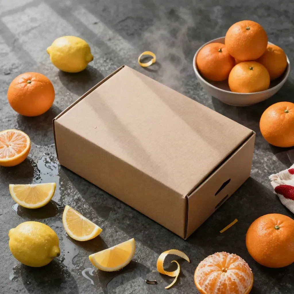 Flatlay d’un coffret agrumes sur pierre mouillée, vue zénithale, vapeur froide.