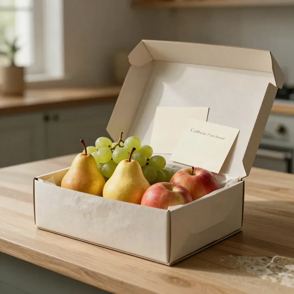 Coffret cadeau de fruits frais avec tissu crème, poires, raisins et pommes sur fond lumineux.