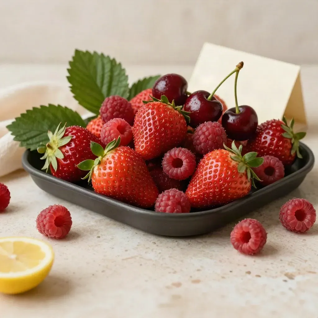 Barquette de fruits rouges sur travertin, framboises éparses sur textile crème, lumière douce.