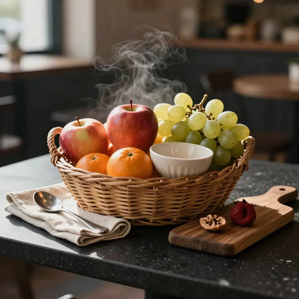 Corbeille de fruits du matin avec pommes, clémentines, raisins et petite coupe en céramique.