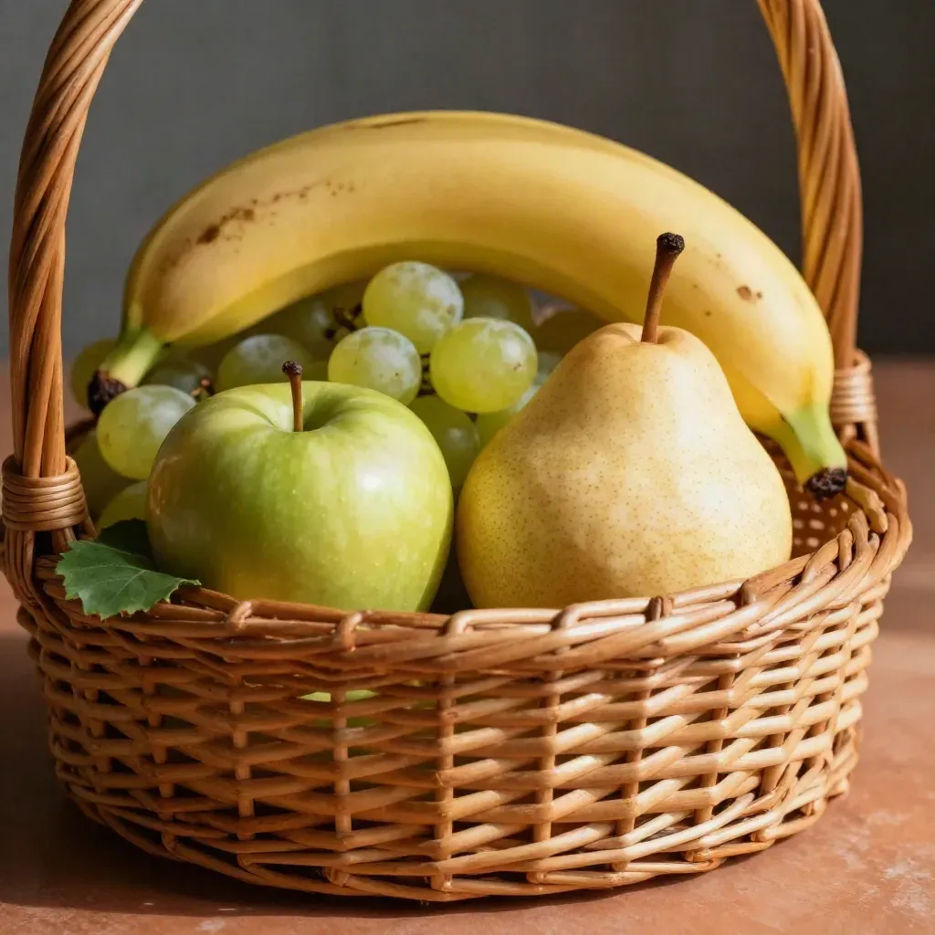 Gros plan d’un panier en osier avec pommes, poire, bananes et raisins.