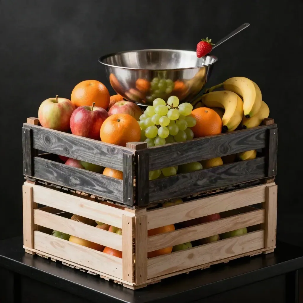Caisses de fruits empilées, bol en acier, éclairage dramatique sur fond noir.