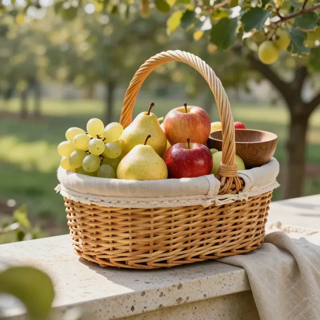 Panier en osier avec pommes, poires, raisins et petit bol en bois, sur pierre travertin.
