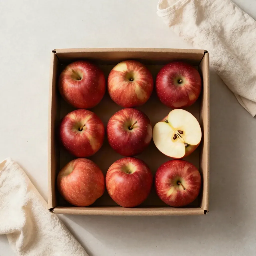 Boîte de pommes rouges vue de dessus, une pomme sortie, tranche et linge crème sur dalle claire.
