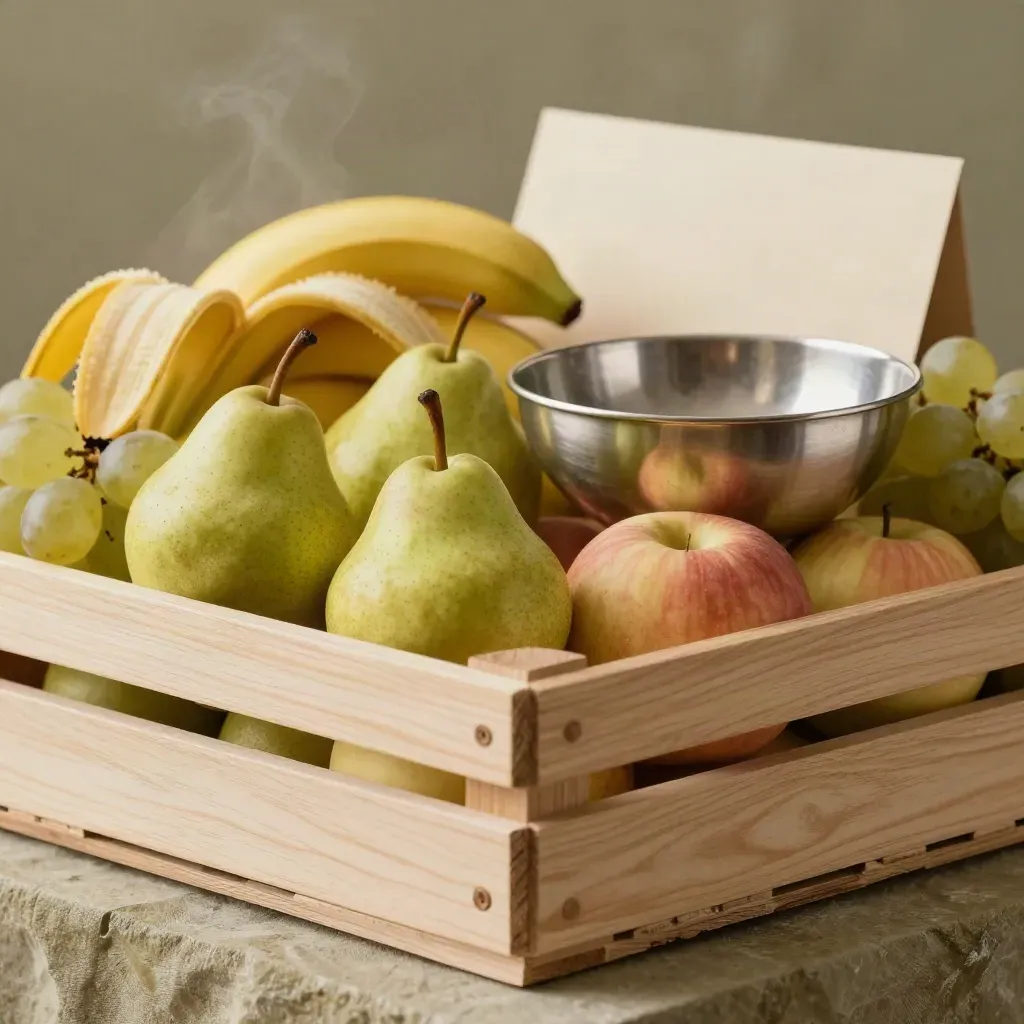 Coffret de fruits du matin en caisses superposées, bananes, pommes, poires, raisins et bol argenté.
