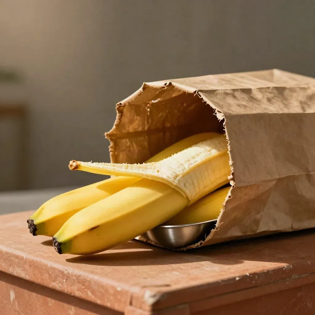 Sac en papier brun de bananes mûres, demi-bananes et bol métal sur fond chaud.
