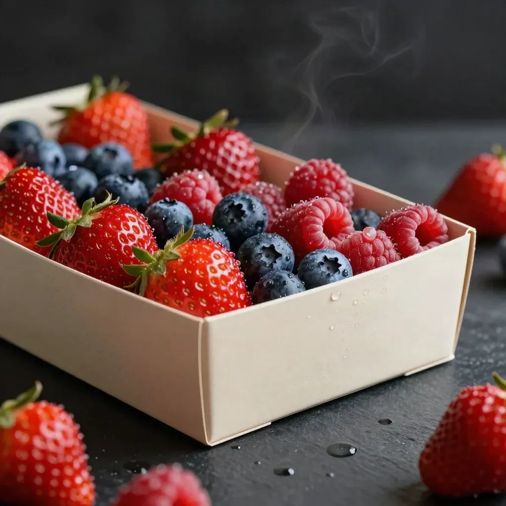 Boîte compartimentée de fruits rouges avec fraises, myrtilles et framboises sur fond sombre.