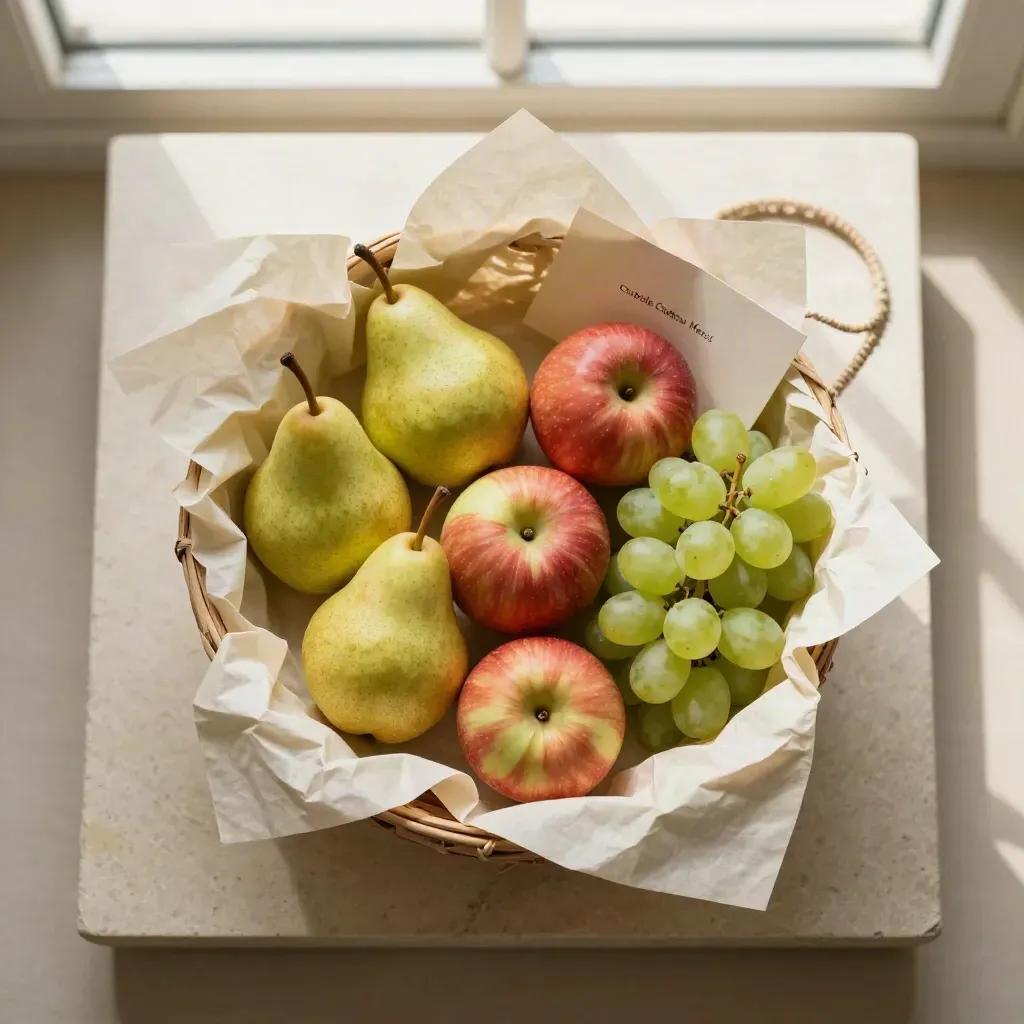 Corbeille cadeau ouverte avec poires, pommes, raisins et papier crème sur pierre claire.