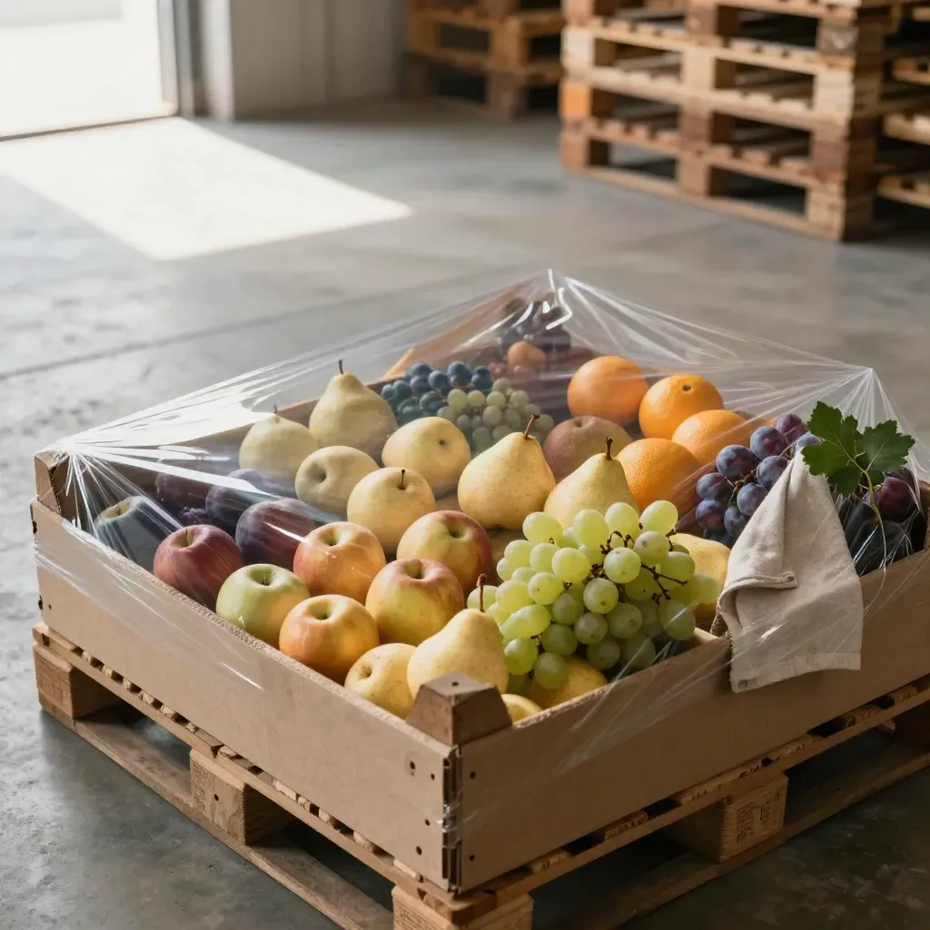 Palette de caisses de fruits mixtes prête à l’expédition dans un entrepôt élégant.