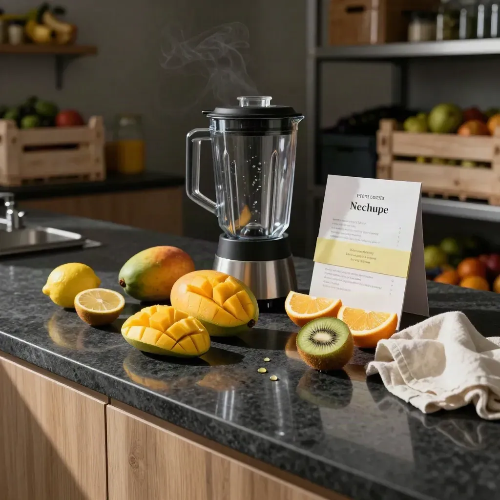Kit smoothie maison avec mangue, kiwi et agrumes près d’un blender, sur fond de studio fruitier.