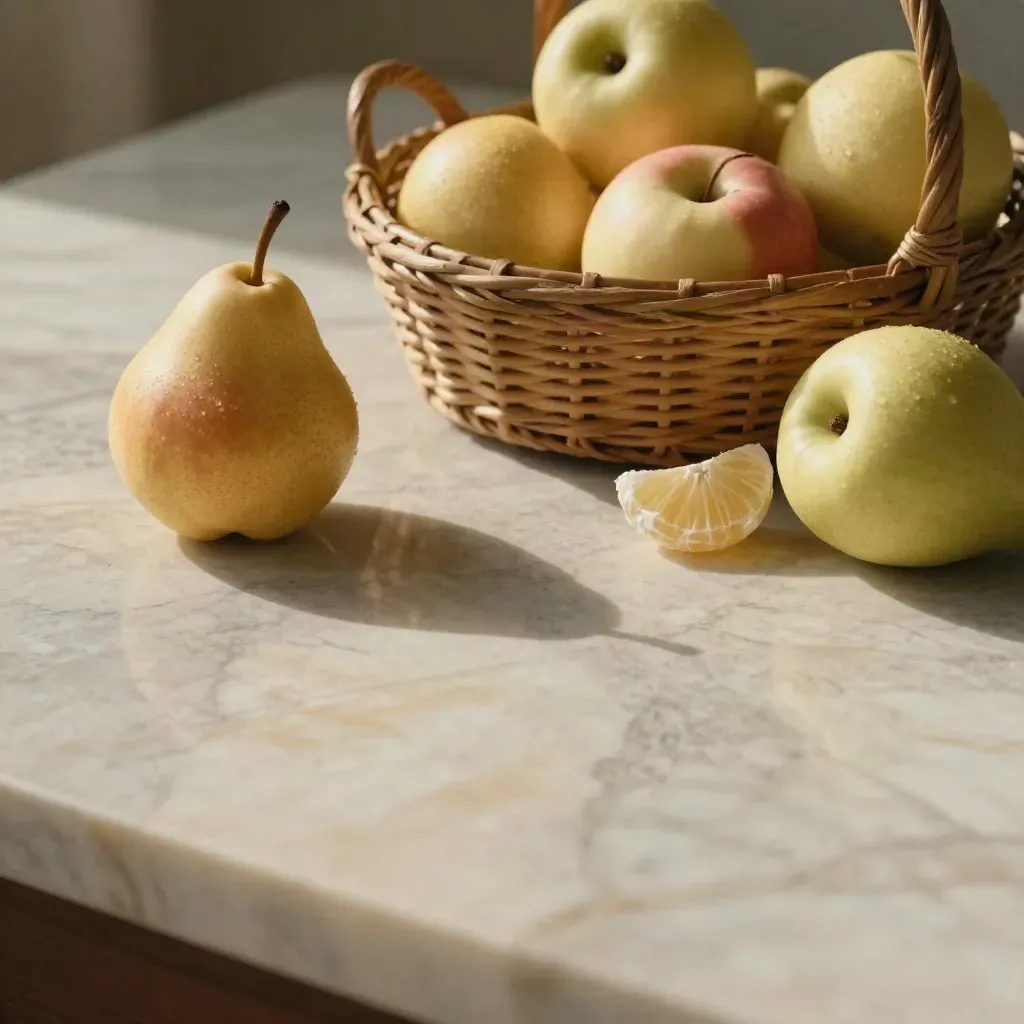 Corbeille de fruits de saison sur marbre clair, lumière du matin et ombre de poire.