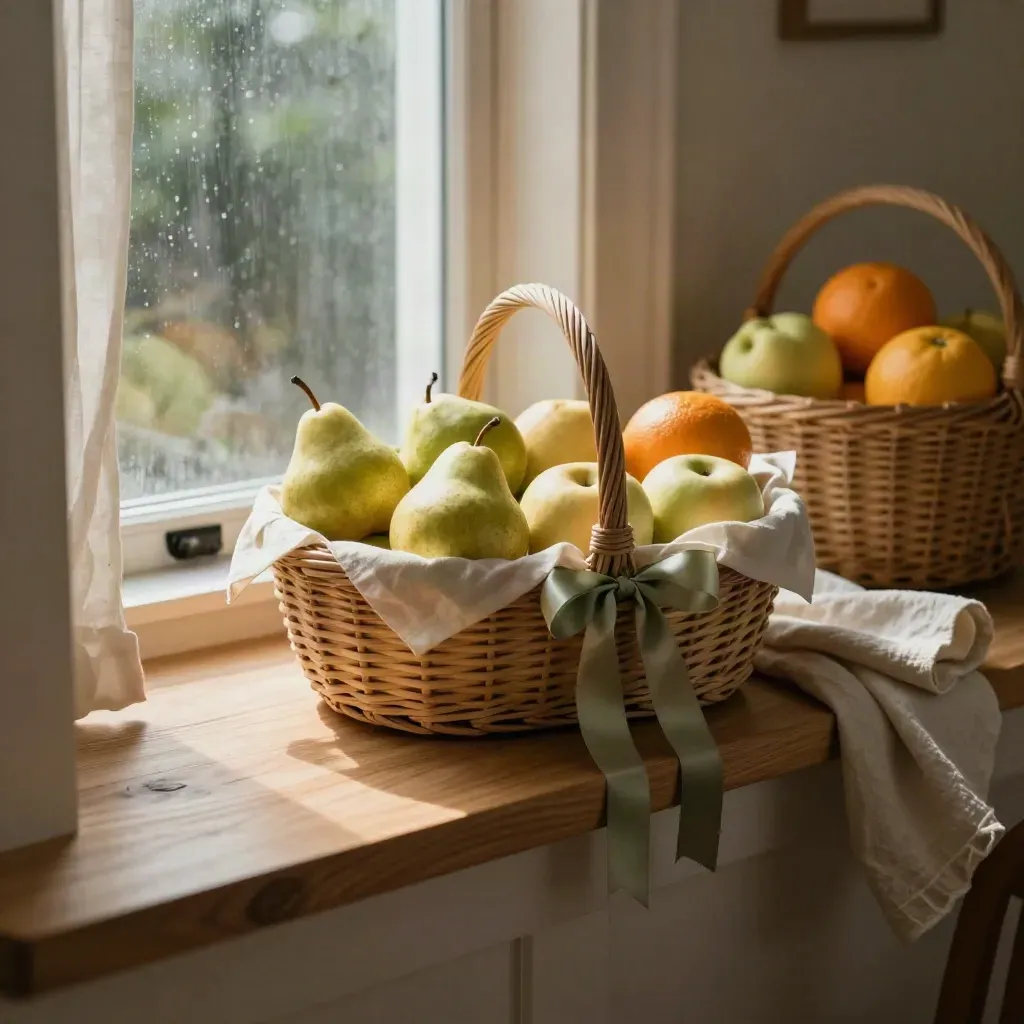 Panier cadeau de fruits dans un coin d’intérieur lumineux, avec rubans flous et rideaux clairs.