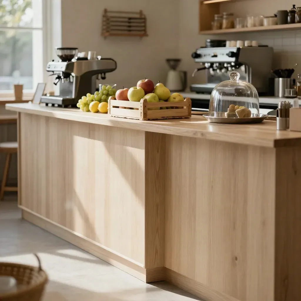 Comptoir de café lumineux avec caisse de fruits et lumière du matin.