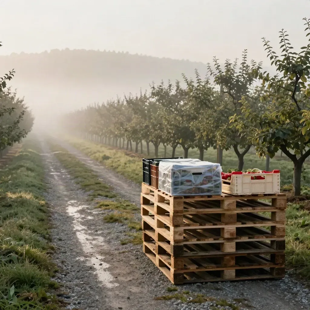 Orchard de livraison au lever du jour, palettes discrètes et brume froide entre les rangées de fruitiers.